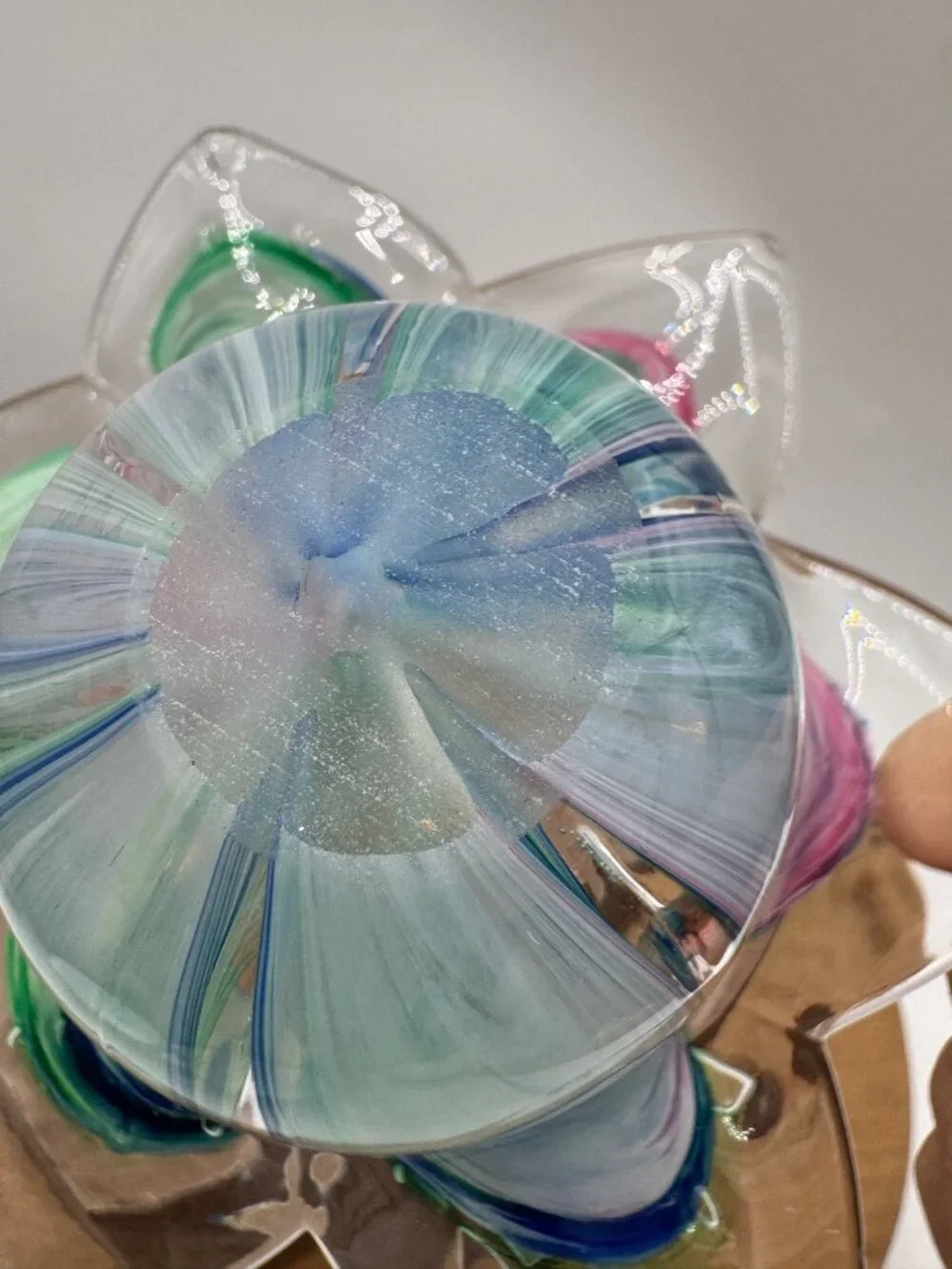 Vtg Murano Crystal Clear Art Glass Multicolor Flower Bowl Votive Pink Blue